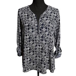 DE Collection Navy White Print Popover Career Top Women’s S Small